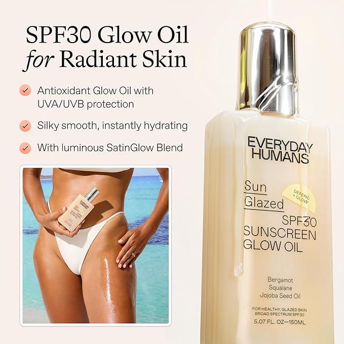 Everyday Humans Sun Glazed SPF30 Sheer Body Glow Oil with Gold Mica | Hydrating Non-Sticky Glowing UV Protection Cruelty Free 5.1 Fl Oz | Bergamot, Squalane, Jojoba Seed Oil | UVA/UVB Broad Spectrum-VivaGrace Women