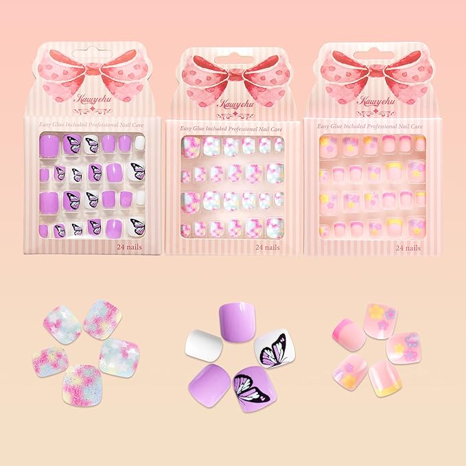 Kids Press on Nails Children Fake Nails 72PCS Artificial Nail Tips Adhesive Full Cover Short False Fingernails for Girls Kids Nail Decoration (Butterfly Flower Star)