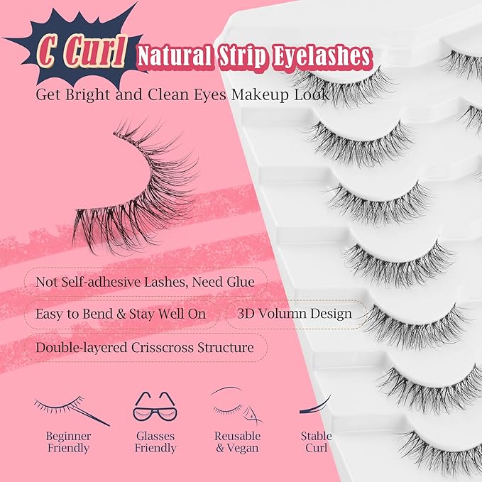 Natural Lashes False Eyelashes 12 MM Short Lashes WIspy 3D Volume Fake Eyelashes Pack C Curl Soft Eye Lash with Thin Cotton Band 7 Pair False Lashes Siligli-VivaGrace Women