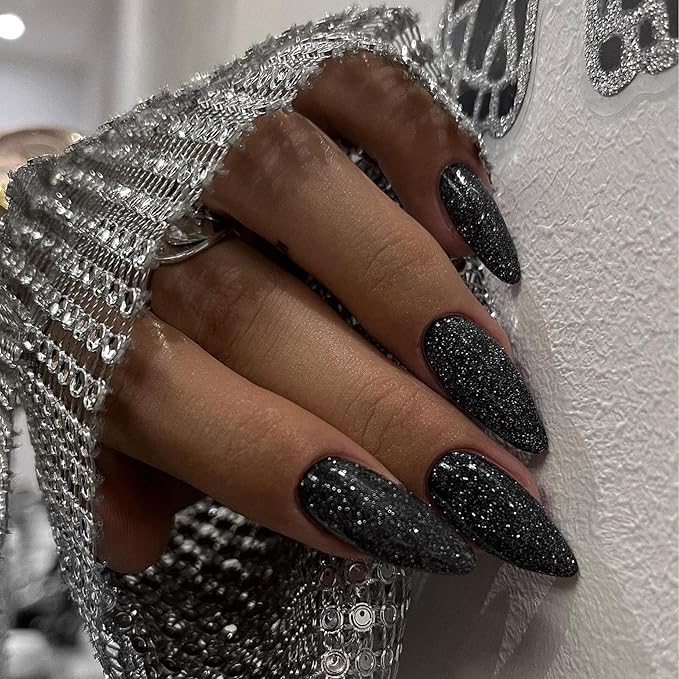 KQueenest Black Glitter Press on Nails Medium Almond Shape, Iridescent Shimmer Acrylic Fake Nails, Sparkling Gel Press Ons, Glossy Flash Glue on False Nails 24 Pcs