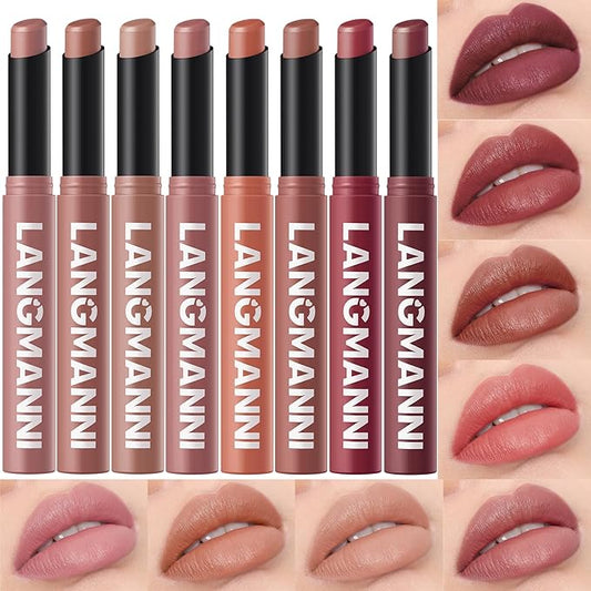 Jolilab 8Pcs Velvet Matte Lipstick Nude Matte Soft Dark Color Stick High Pigmented Long-Lasting Waterproof Lip Stick Lip Balm Beauty Cosmetics Gift for Girls and Women(01-06+11+12-VivaGrace Women