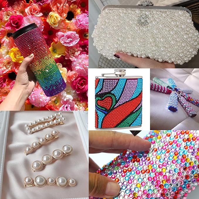 Flat Back Rhinestone+Half Round Pearl Kits Colorful Rhinestones+White Pearls with Picker Pencil and Tweezer for Home DIY and Professional Use-VivaGrace Women