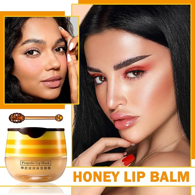 Lip Balm Honey Pot,Moisturizing Lip Balm Reduces Lip Lines,Propolis Honey Pot Lip Balm Hydrating Prevention Dry and Cracked Lip Scrubs Exfoliator,Exfoliating Lip Sleeping Mask with Brush-VivaGrace Women