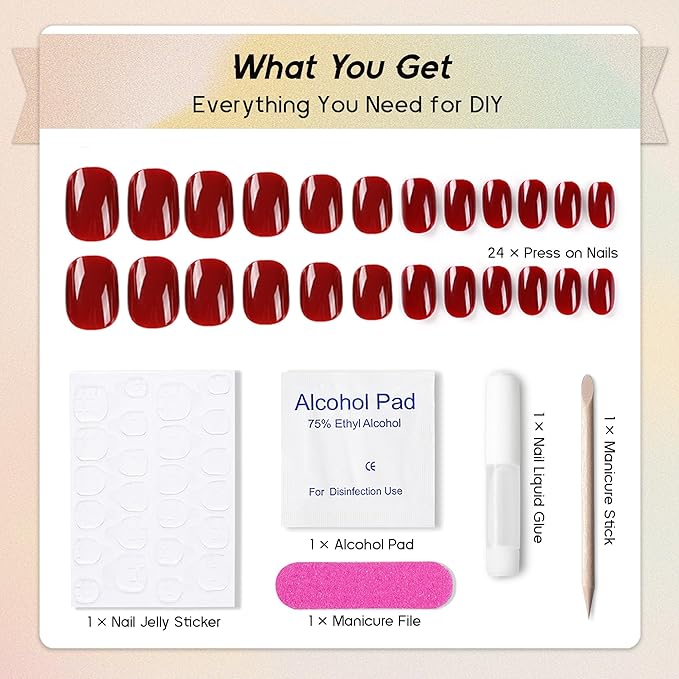 Press On Nails Squoval - Wine Red Fake Nails Short Full Cover Acrylic Glue on Nails in 12 Sizes - 24 Piece Pure Color Nail Kit,Natural Fit for Women & Girls Daily Wear