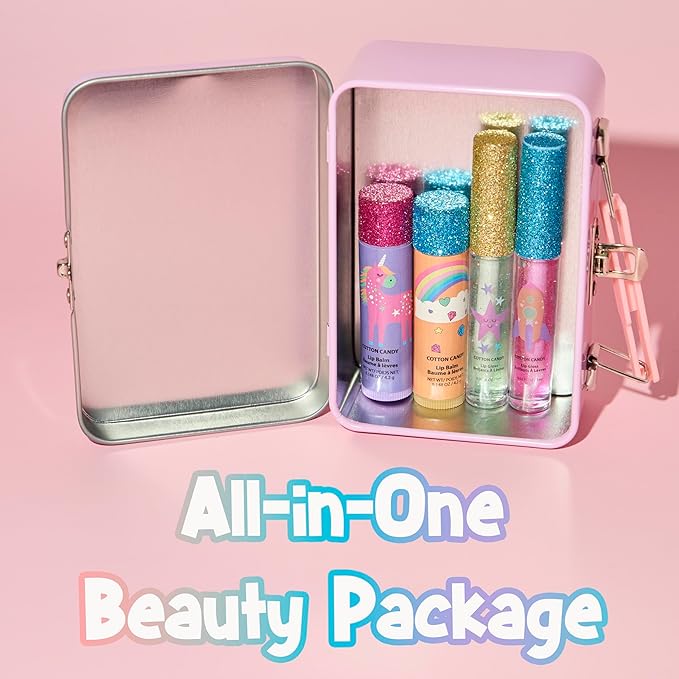 Expressions 5pc Rainbow Rhinestones Cosmetics Lip Kit For Kids w/Lip Glosses, Lip Balms & Tin Box Storage Case Magical Lip Set,Washable + Non Toxic-VivaGrace Women