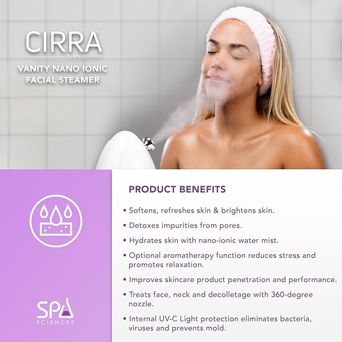 Spa Sciences - CIRRA - Nano Ionic Facial Steamer with UVC Sanitizing Protection, Aromatherapy Function, Detox Pores, and Boost Circulation - Includes an Essential Oil Basket-VivaGrace Women