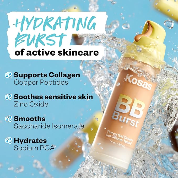 Kosas BB Burst Tinted Face Gel Cream - Supports Healthy Collagen, Smoothes Skin, Hydrates & Moisturizes - Lightweight Buildable Coverage - Medium Neutral 23, (1 Oz/30 ML)-VivaGrace Women