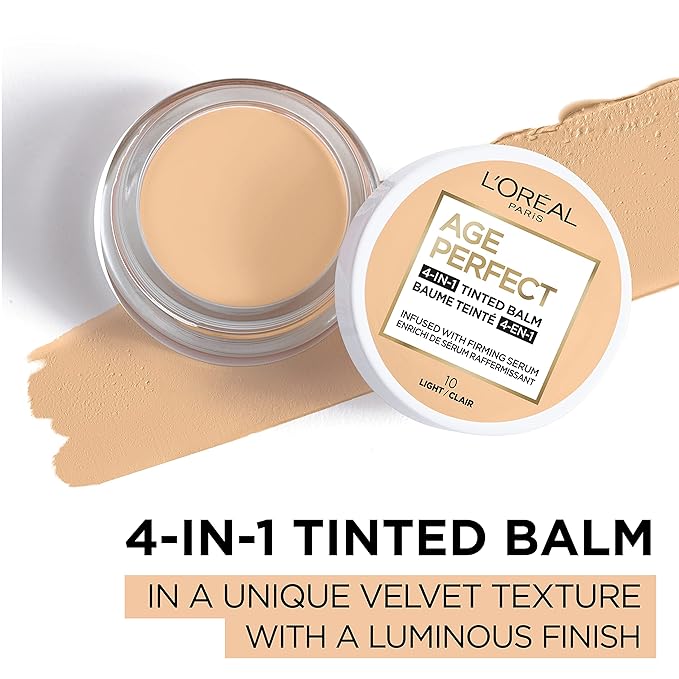 L'Oreal Paris Age Perfect 4-in-1 Tinted Face Balm Foundation with Firming Serum, Light 10, 0.61 Ounce-VivaGrace Women