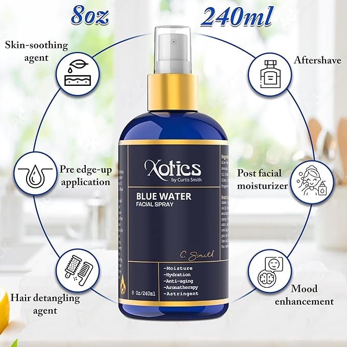 Xotics Blue Water Facial Spray - 8oz - Hydrating Face Mist with Aloe Vera - Refreshing Toner for Men & Women, Aftershave, Daily Moisturizing Splash for All Skin Types-VivaGrace Women