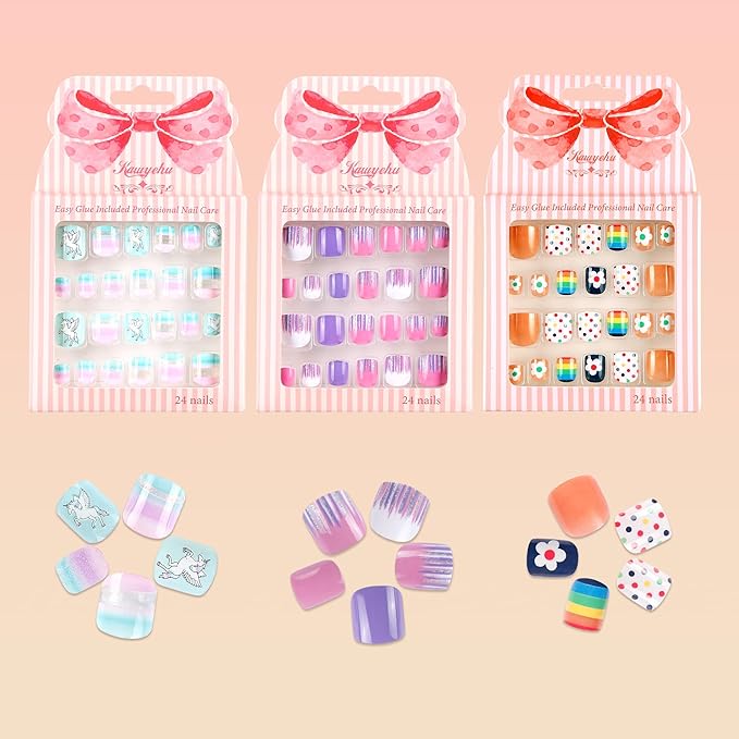 Kids Press on Nails Children Fake Nails 72PCS Artificial Nail Tips Adhesive Full Cover Short False Fingernails for Girls Kids Nail Decoration (Colorful Polka Dots)