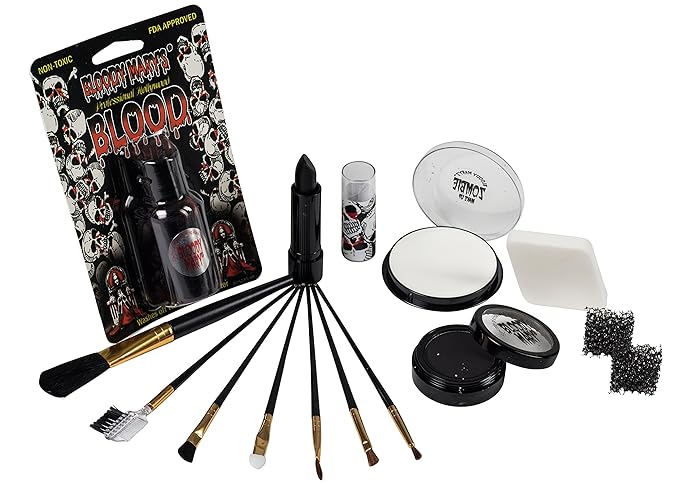 Scary Skeleton Makeup Kit By Bloody Mary - Professional Special Effects Face Makeup Supplies - FX Foundation, Black Blood Lipstick, Eye Shadow, Crayons, Brushes, Blood, Sponge & Case.-VivaGrace Women