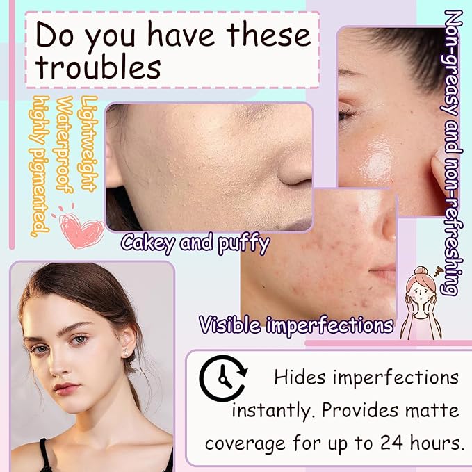Air Cushion CC Cream Mushroom Head Foundation,Waterproof Long Lasting Loose Setting Powder,Moisturizing BB Cream Liquid Foundation Makeup Primer Concealer Base with Makeup Sponge(4PCS)-VivaGrace Women