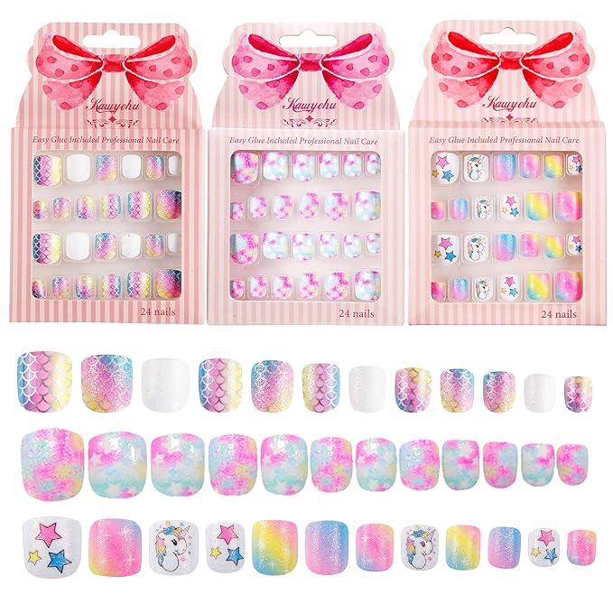 Kids Press on Nails Children Fake Nails 72PCS Artificial Nail Tips Adhesive Full Cover Short False Fingernails for Girls Kids Nail Decoration (Mermaid Unicorn)