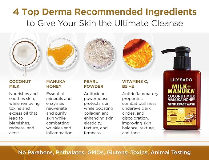 LILY SADO MILK+MANUKA™ Coconut Milk & Manuka Honey Gentle Gel Face Cleanser - Natural Cruelty-Free Facial Wash Cleanses, Balances, Soothes & Hydrates - Reduces Pores & Blackheads - 5oz-VivaGrace Women