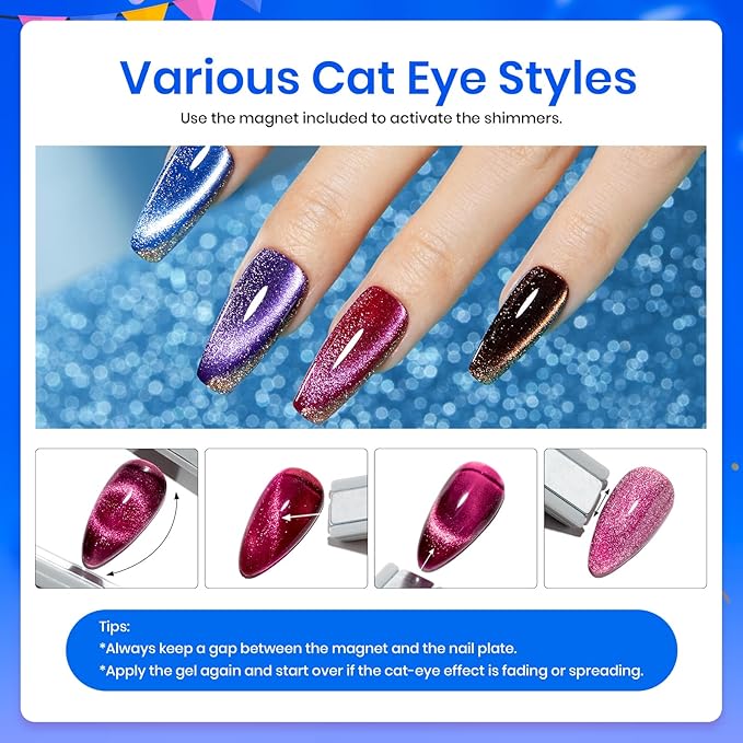 Beetles Cat Eye Gel Nail Polish Set-36 Colors Red Purple Brown Green Burgundy Magnetic Gel Nail Polish with Base Gel Glossy Matte Top Coat Magnet,Soak off UV Nail Gel DIY Nail Art Gift for Women-VivaGrace Women