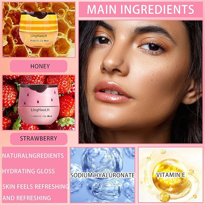 2PCS Bee Lip Balm,Hydrating Honey Pot Lip Balm with Stick,Non-Greasy Silky Sleeping Lip Mask Set,Long Lasting Lip Scrubs Moisturizer for Dry Cracked Lips(Honey +Strawberry)-VivaGrace Women