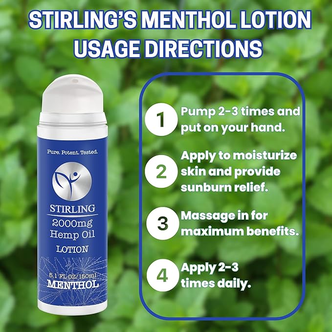 STIRLING Menthol Lotion + Hemp Oil β Maximum strength relief with cooling menthol and 100% pure hemp oil to soothe joints, relax muscles, and hydrate with aloe vera. 5 fl oz. (2000mg, Menthol)-VivaGrace Women
