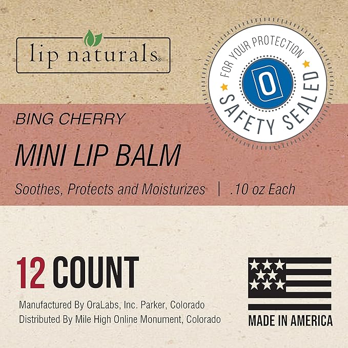 Lip Naturals® | Mini Cherry Lip Balm with Sunscreen (SPF-15) | Made in USA with Beeswax & Coconut Oil | 12-Count Mini Lip Balm Pack with Bing Cherry Flavor (0.10oz/3g Each)-VivaGrace Women