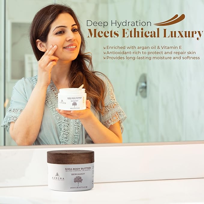 AZMERA Handcrafted Whipped Shea Body Butter – Luxurious Moisturizer for Dry, Sensitive Skin with Bergamot, Argan Oil & Vitamin E – Vegan, Non-Greasy Skincare – 8.82 oz-VivaGrace Women