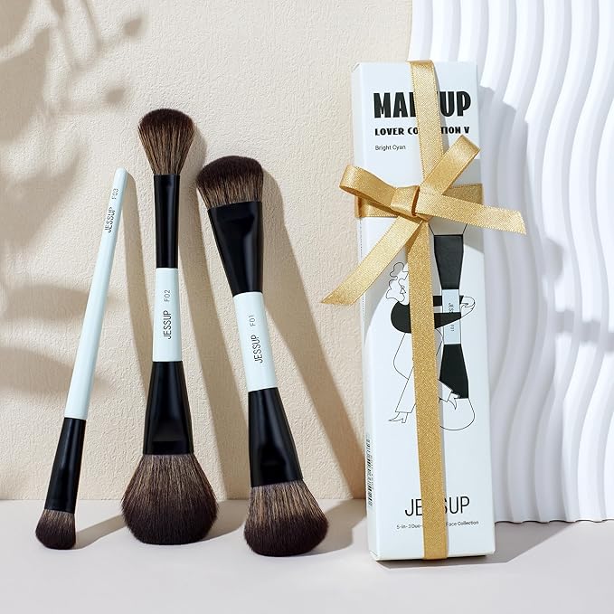 Jessup Face Makeup Brushes Blue 3pcs Double Ended Makeup Brush for Foundation Contour Blush Highlight and Concealer Brush, Premium Synthetic Brush Set T503-VivaGrace Women