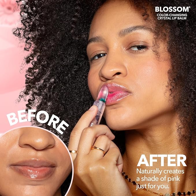 Blossom Moisturizing Custom Color Changing Crystal Lip Balm, Strawberry Scented, Lip Stain Tint, Infused with Real Flowers, 3g, Turquoise-VivaGrace Women