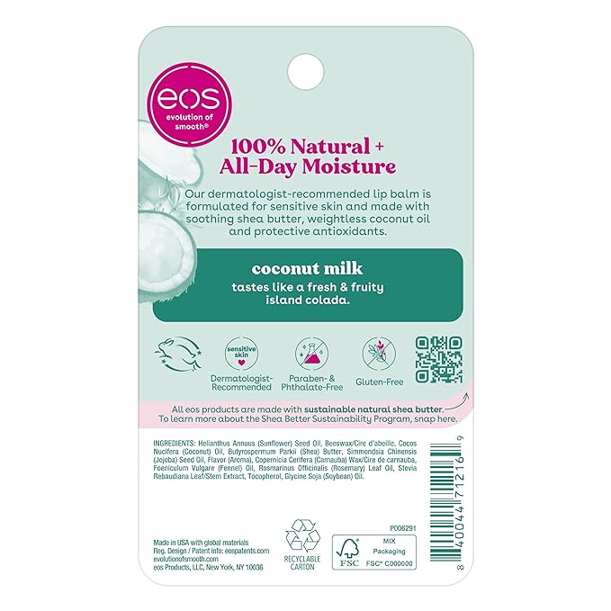 eos 100% Natural Lip Balm- Coconut Milk, All-Day Moisture, Made for Sensitive Skin, Lip Care Products, 0.14 oz, 2-Pack-VivaGrace Women