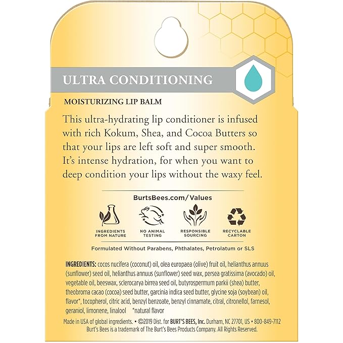 Burt's Bees Ultra Conditioning Moisturizing Lip Balm, Lip Moisturizer Rich in Oils and Butters, Natural Origin Lip Care, 4 Tubes, 0.15 oz.-VivaGrace Women