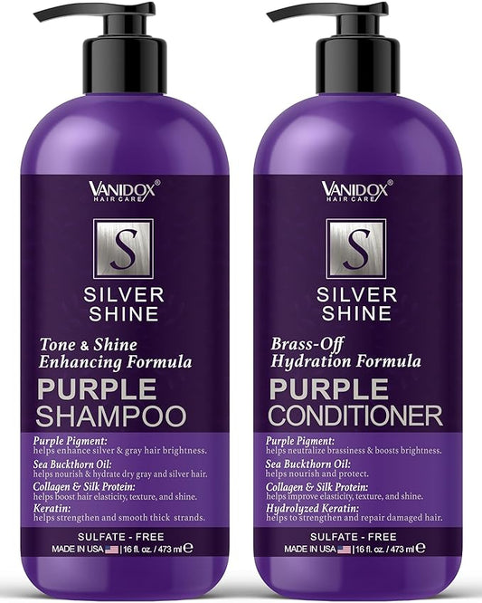 Sulfate Free Brass Toning Purple Shampoo and Conditioner Set for Grey and Silver Hair, Moisturizing & Color-Safe, Enhances Shine & Brightness, Made in USA (16 fl oz each)-VivaGrace Women