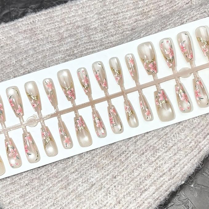 30Pcs Flower Press on Nails Medium Handmade Fake Nails Peach Blossom with 3D Gilding Design Silver Gradient False Nails Full Cover Artificial Glue on Nails Spring Summer Stick on Nails for Women