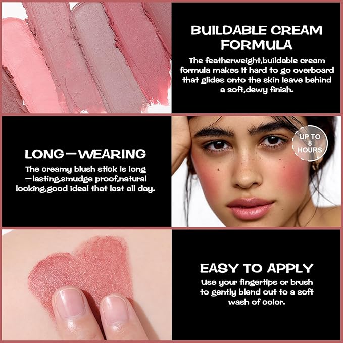 FOCALLURE Cream Blush Makeup,Buildable Blush Stick for Cheeks,Matte and Dewy Finish,Long Wearing,Easy Application,Lightweight Multi Stick,DARK ROSE-VivaGrace Women