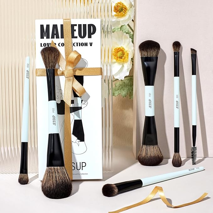 Jessup Makeup Brush Set 6pcs Double Sided Makeup Brushes Foundation Contour Blush Highlight Blending Eyebrow Brush Eyeshadow Brush, Vegan Fiber Make up Brush Bright Cyan T501-VivaGrace Women