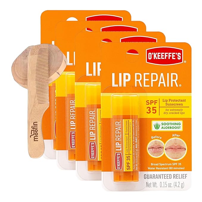 O'Keeffe'S Lip Repair Lip Repair with SPF35, 015 oz - Ultimate SPF Lip Balm for All-Day Moisture, with Moofin Wooden Comb - for Dry Cracked Lips, Lip Balm Hydrating Quick Absorption for Smooth Lips,-VivaGrace Women
