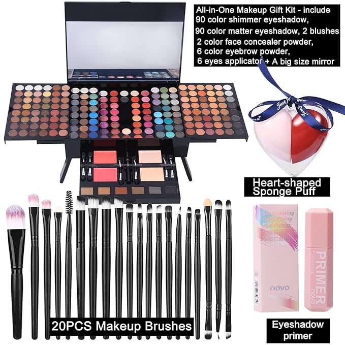 Makeup Gift Sets For Women - 190 Colors Makeup Palette Include Eyeshadow, Blushes, Eyebrow Powder,Eye Pencil,Mirror+20Pcs Makeup Brushes+Eyeshadow Primer+2Pcs Sponge Puff Make Up Set (Makeup Set A)-VivaGrace Women