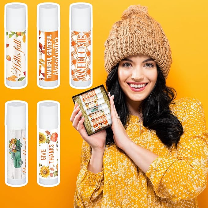 50 Pack Hello Fall Thanksgiving Party Gifts Favors Bulk Lip Balms Gifts Small Thank You Appreciation Gifts Thanksgiving Christmas Stuffers for Women Men Staff Coworkers-VivaGrace Women