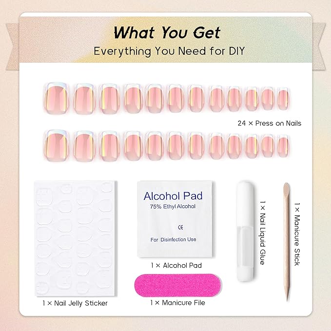 Press on Nails Square - Iridescent Chrome French Fake Nails Short Acrylic Full Cover Glue on Nails in 12 Sizes - 24 Piece Nail Kit,Natural Fit for Women & Girls Daily Wear