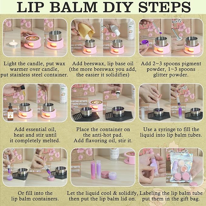 Lip Balm Making Kit - DIY Lip Gloss Kit to Make Your Own Lip Balm with Natural Beeswax, Lip Base Oil, Essential Oil, Tubes, Jars Lip Balm Craft Kit For Adults Girls Moisturizing Lip Care Kit-VivaGrace Women