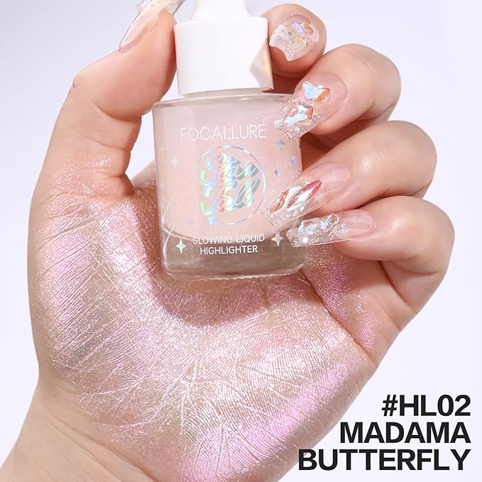 FOCALLURE Starfall Glowing Liquid Highlighter, Shimmering Body Oil, Non-Sticky Shimmer Liquid Luminizer, Non-Greasy, Face & Body Glitter Makeup for Costumes, Cosplay, Rave Festival, MADAMA BUTTERFLY-VivaGrace Women