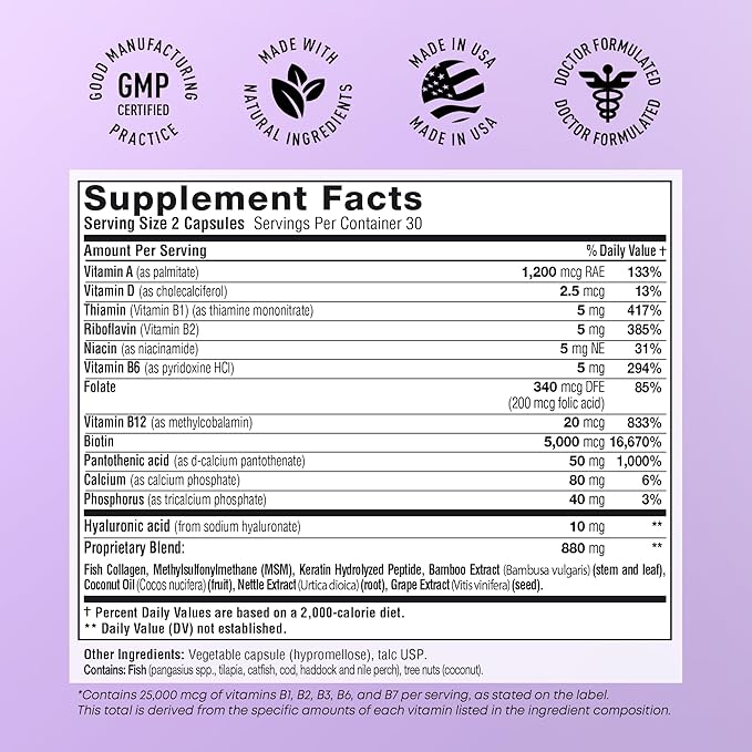 Biotin and Collagen Supplements with Keratin 25000 mcg - Hair Skin & Nails Vitamins with Collagen Keratin B Complex - Made in USA - Biotin for Hair Growth Women & Men Support Skin & Nails, 60 Capsules-VivaGrace Women