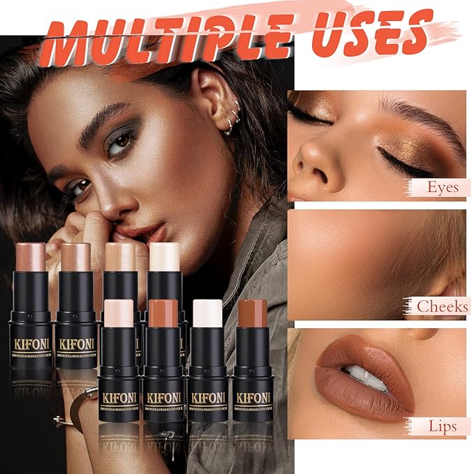 2 Pcs Cream Contour Stick Makeup Kit, Cream Highlighter Stick & Contour Bronzer Stick for Cheeks, Lightweight Blendable Smooth -Highlighter (#03 Champagne Gold #06 Silver)-VivaGrace Women