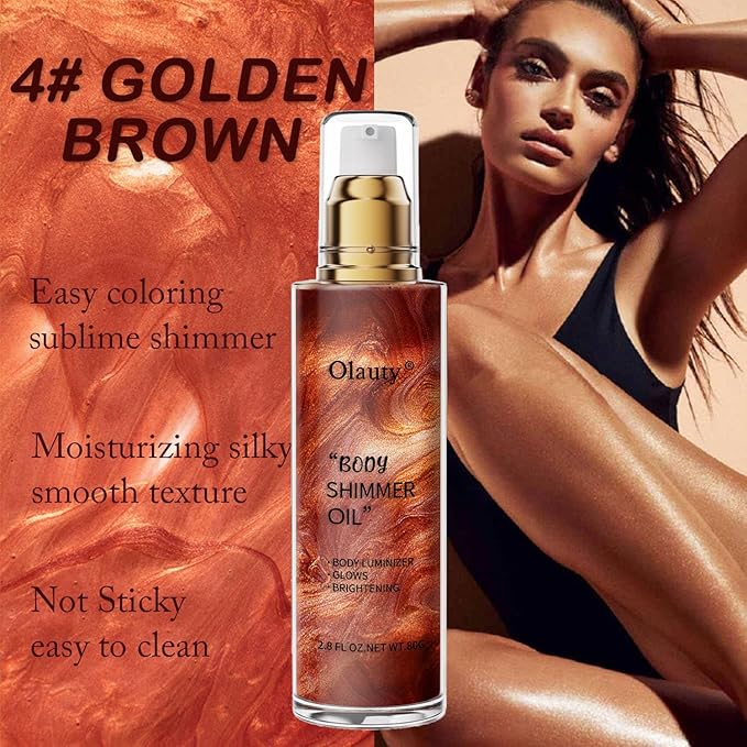 Shimmer Body Oil, Highlighter Makeup Smooth Glitter Glow Liquid Foundation for Face & Body,Liquid Illuminator Body Shimmer Lotion for Women (4# Golden Brown)-VivaGrace Women