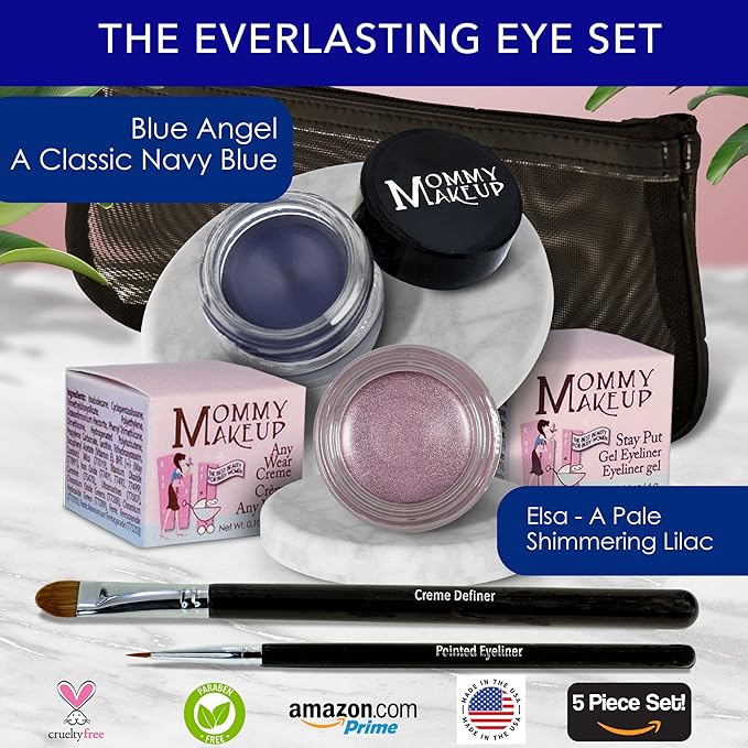The Everlasting Eye 5 Piece Waterproof Makeup Set. Gel Eyeliner, Creme Eyeshadow, 2 brushes and Mesh Bag. Paraben-free, Talc-free, Cruelty-free. Elsa/Blue Angel 1112-VivaGrace Women