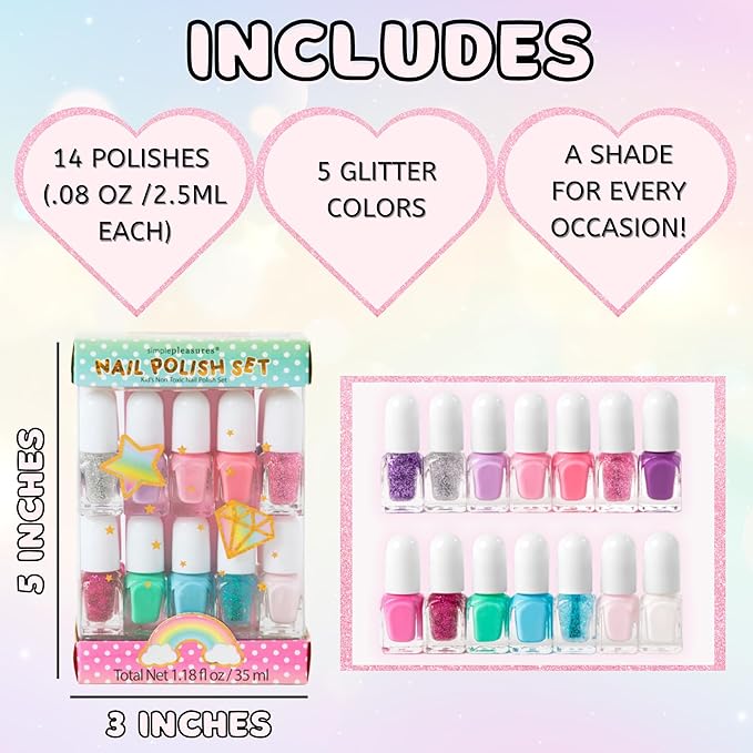 SIMPLE PLEASURES 14- Unicorn Glitter Kids Nail Polish Set for Girls – 14 Water-Based Non -Toxic Nail Art Kit - Gift Set for Girls Ages 7-12