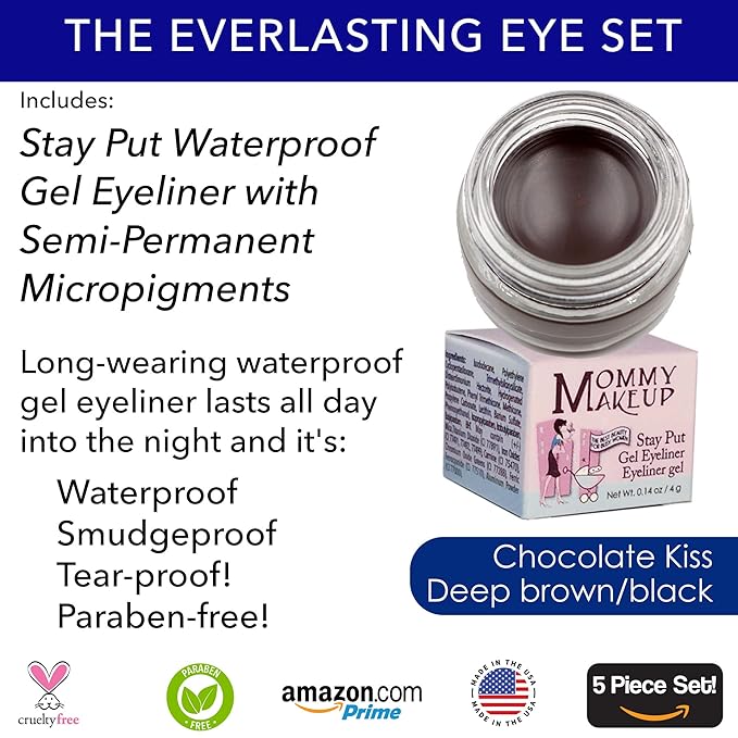 The Everlasting Eye 5 Piece Waterproof Makeup Set. Gel Eyeliner, Creme Eyeshadow, 2 brushes and Mesh Bag. Paraben-free, Talc-free, Cruelty-free. Cameo/Chocolate Kiss 2302-VivaGrace Women