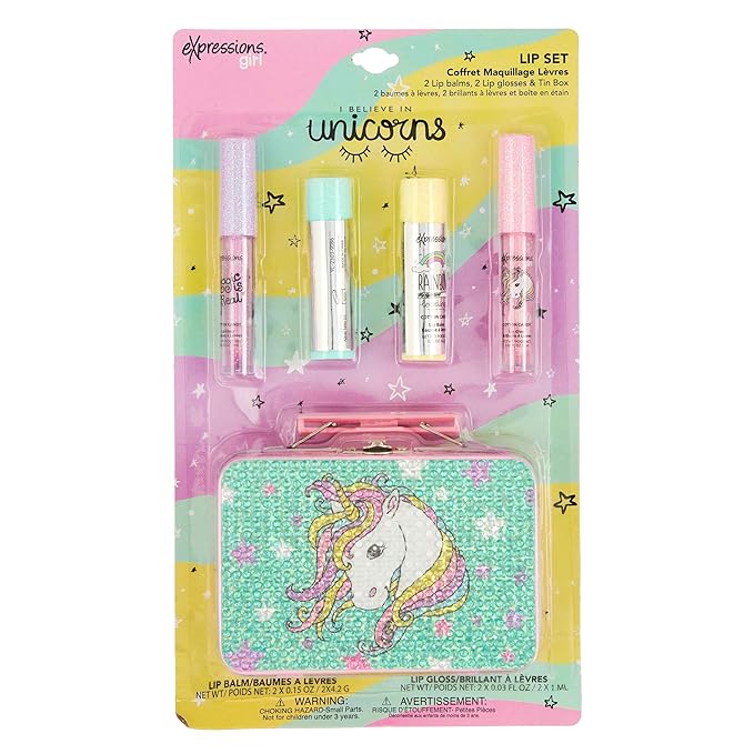 Expressions 5pc Cosmetics Lip Kit For Kids w/Lip Glosses, Lip Balms & Tin Box Storage Case I Believe in Unicorns Rhinestone,Washable + Non Toxic-VivaGrace Women