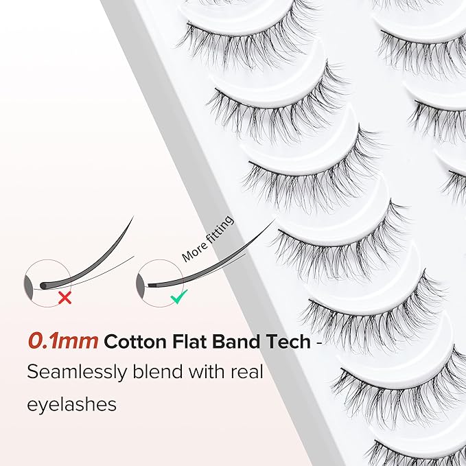 Natural Lashes Wispy False Eyelashes 10mm Short Lashes 3D Volume Strip Lashes Fake Eyelashes Siligli Lashes Thin Band Curly Eye Lashes Pack 10 pair-VivaGrace Women