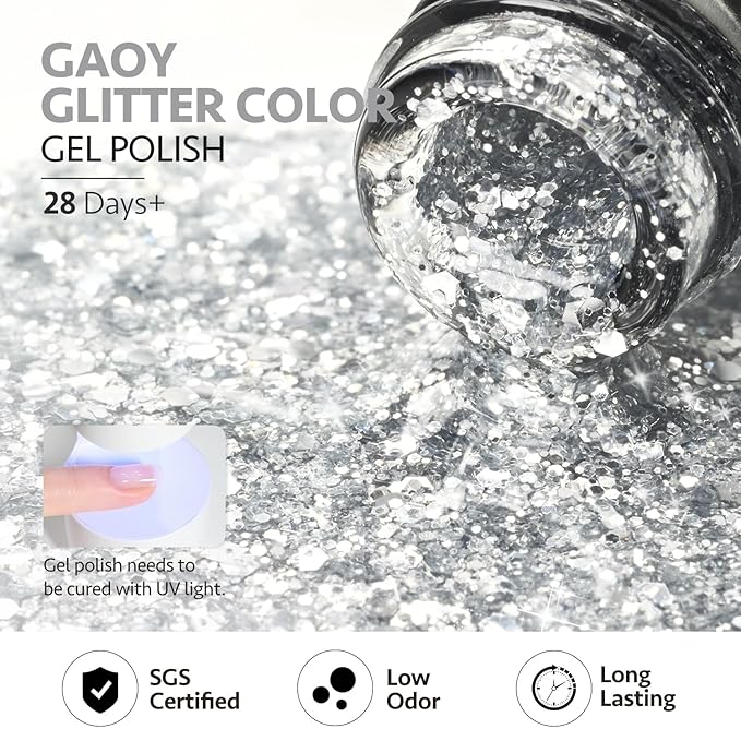 GAOY Glitter Gel Nail Polish, 16ml Silver Sparkly Gel Polish, Diamond Shiny Glitter UV Gel for Nail Art, Soak Off Nail Polish Home DIY Manicure, 1348