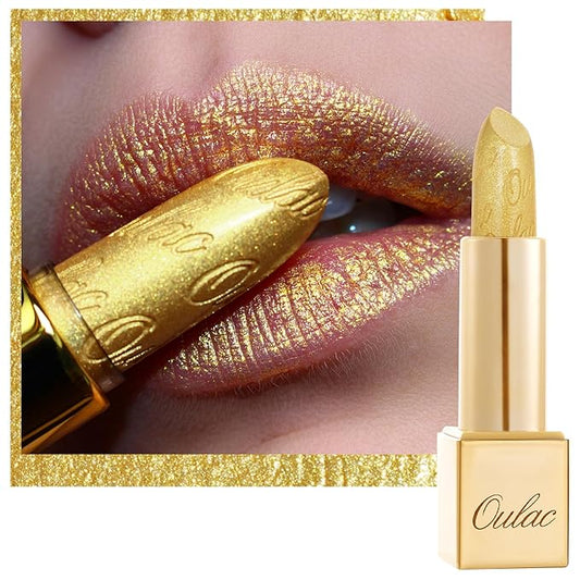 Oulac Glitter Gold Lipstick for Women with Metallic 3D Shine Lightweight Hydrating Formula, High Impact Lip Color, Vegan Beauty, Full Coverage Lip Makeup, Christmas Gifts for Women, Celebration(18)-VivaGrace Women