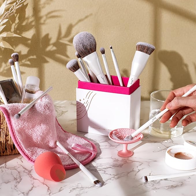 Jessup Makeup Brushes Set 14pcs Highend Makeup Gift Set for Women Include Foundation Concealer Blush Contour Powder Eye Shadow Brush, Makeup Sponge, Makeup Brush Cleaner and Towel, Pearl White T333-VivaGrace Women