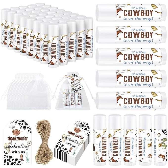 Demissle 50 Pcs Baby Shower Lip Balm Gift Set with 100 Pcs Organza Bags Baby Shower Party Favor for Guest Thank You Tag Rope Baby Shower Party Decoration Gender Reveal Souvenirs (Cowboy)-VivaGrace Women