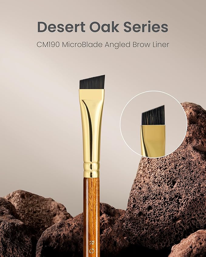 Desert Oak Series MicroBlade Angled Brow Brush - 11mm Ultra-Fine Nylon Bristles for 1mm Hair Strokes, Pomade/Gel/Powder Application, Bubinga & Brass (CM 190)-VivaGrace Women